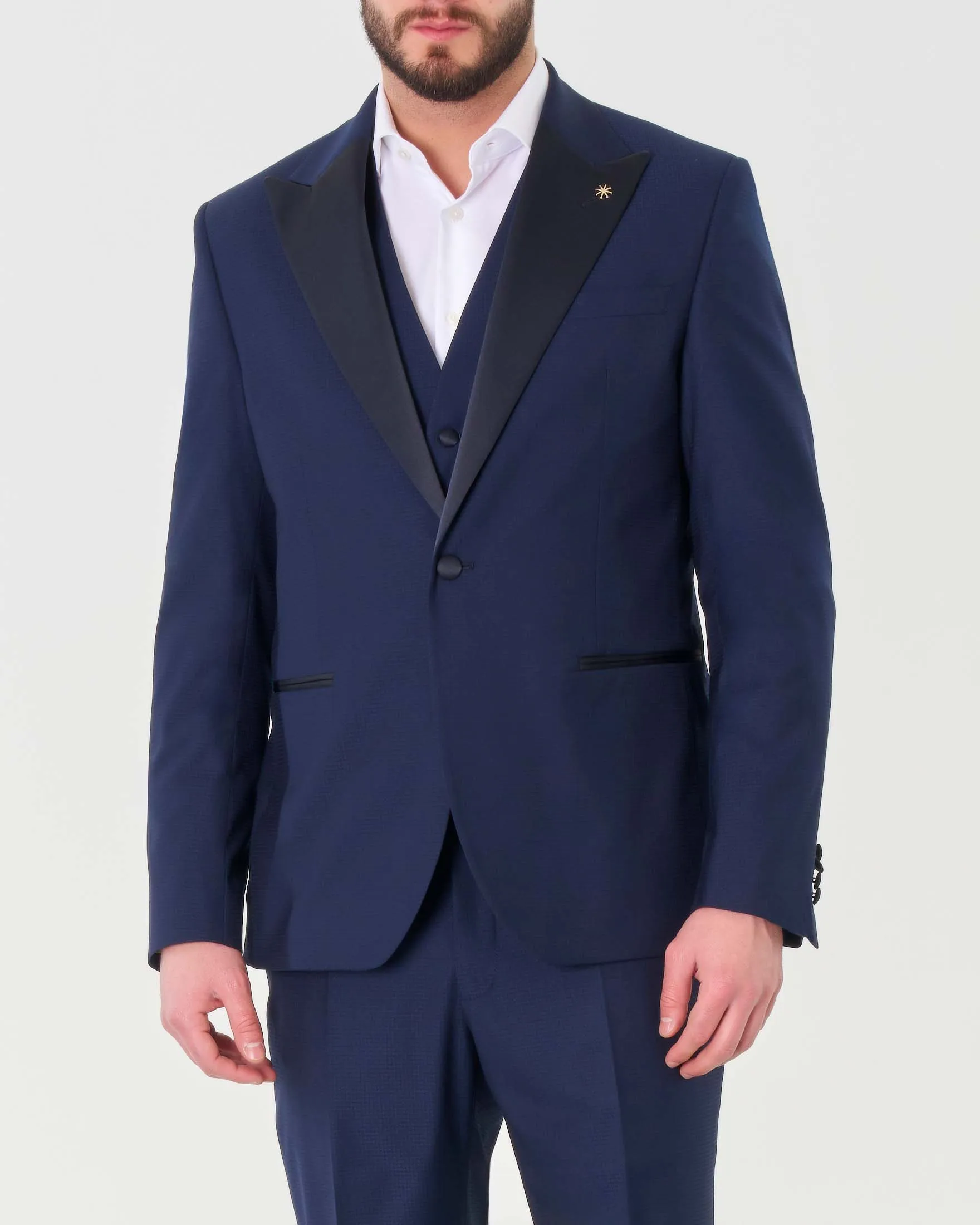 Abito blu in tela di viscosa stretch micro pied de poule con gilet e rever in raso