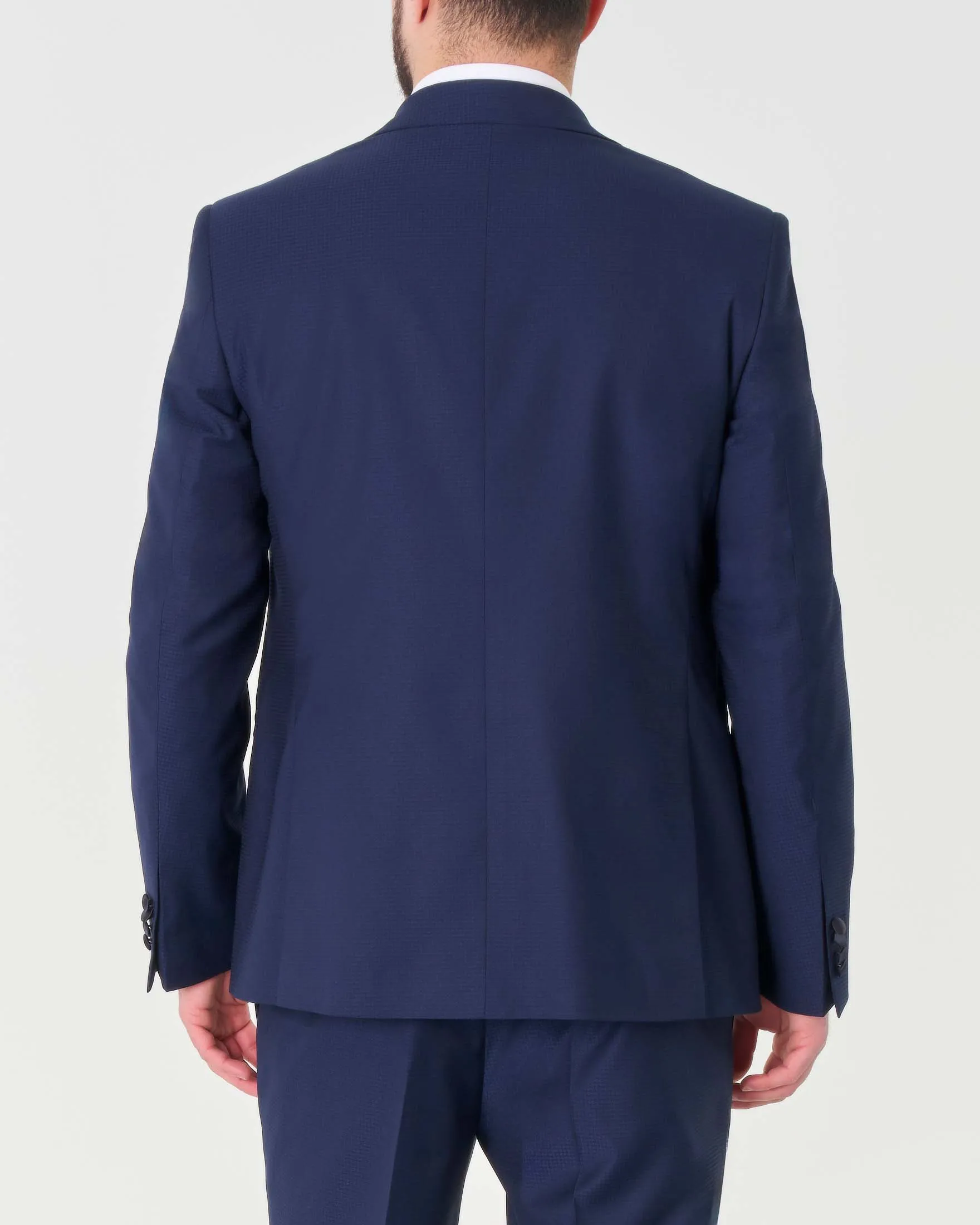 Abito blu in tela di viscosa stretch micro pied de poule con gilet e rever in raso