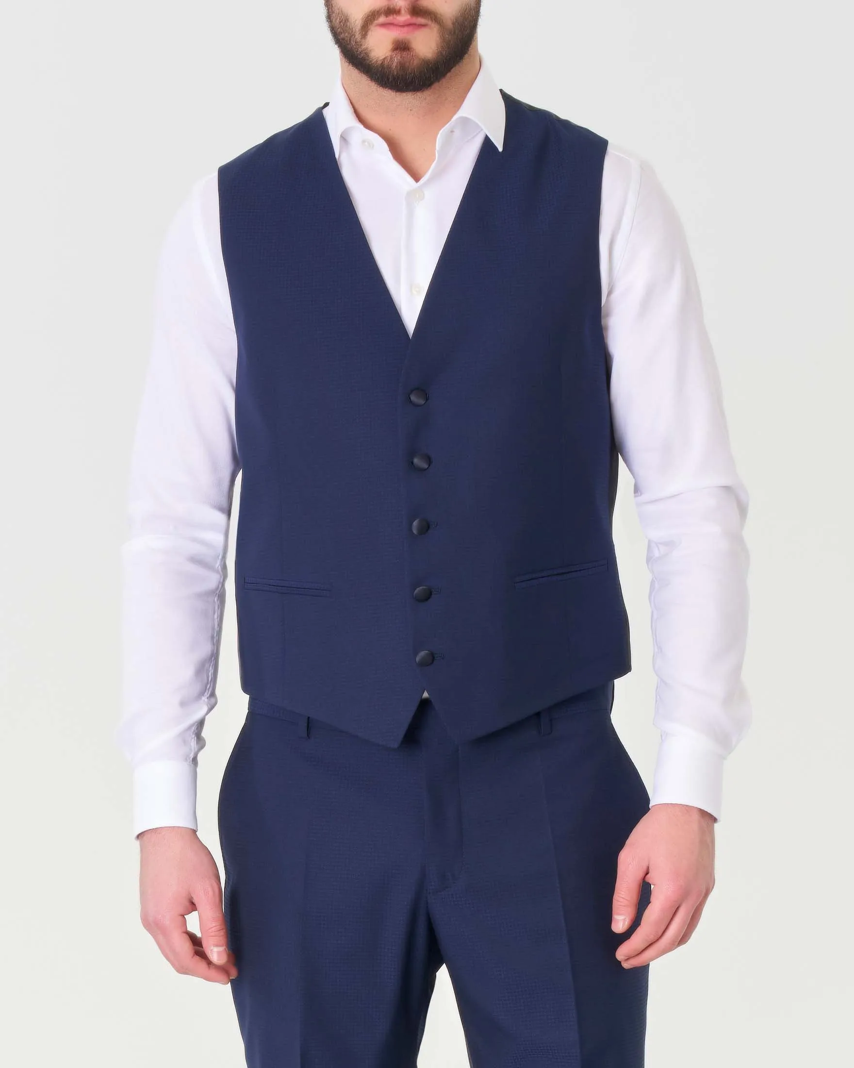 Abito blu in tela di viscosa stretch micro pied de poule con gilet e rever in raso