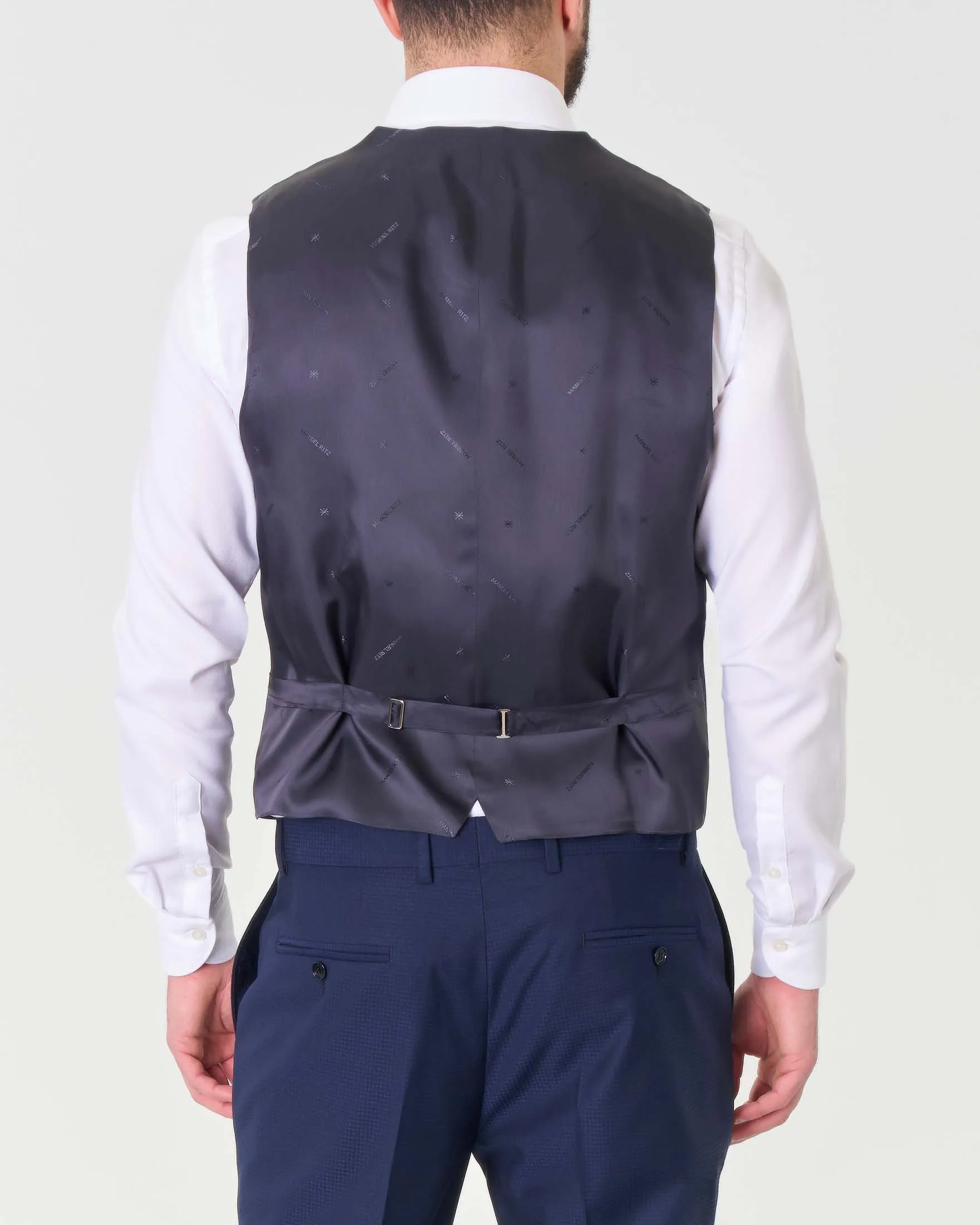 Abito blu in tela di viscosa stretch micro pied de poule con gilet e rever in raso