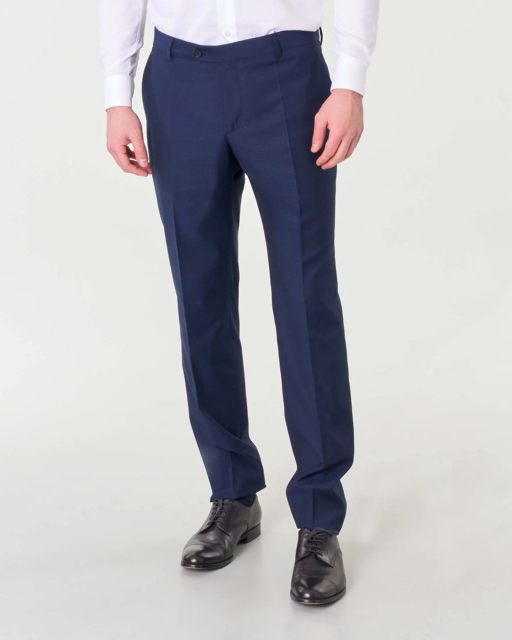 Abito blu in tela di viscosa stretch micro pied de poule con gilet e rever in raso