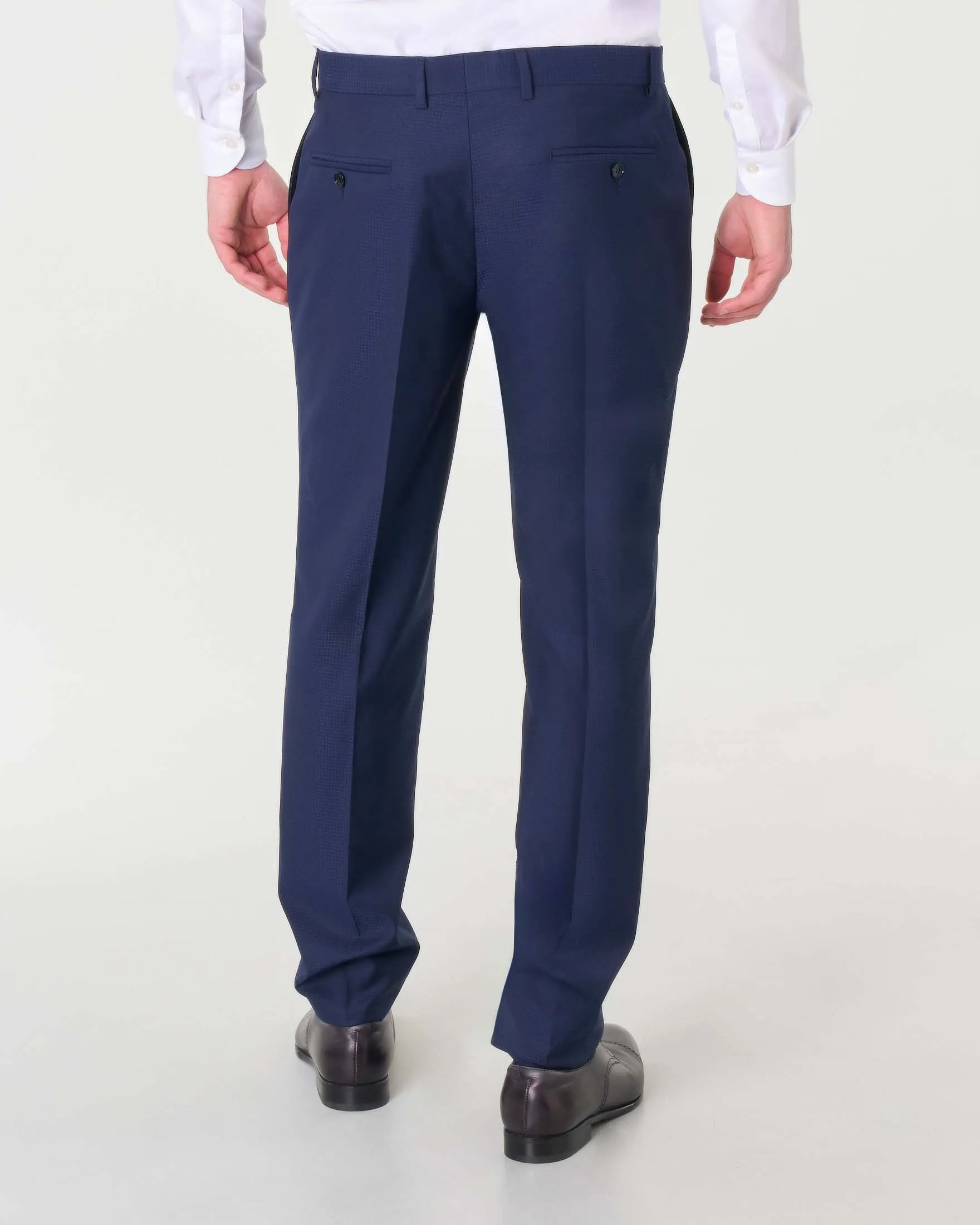 Abito blu in tela di viscosa stretch micro pied de poule con gilet e rever in raso