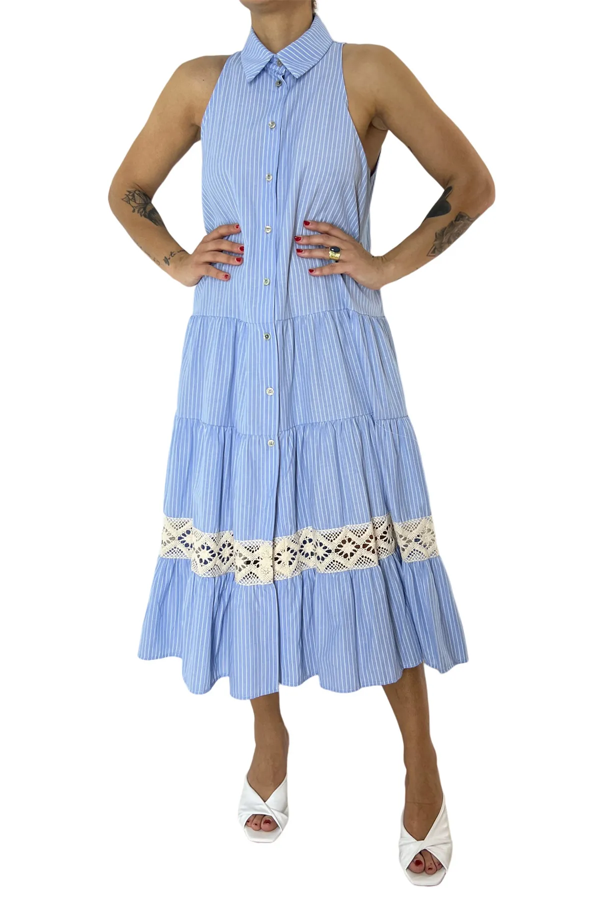 Abito donna in cotone leggero midi fantasia riga giromanica con dettaglio ricami