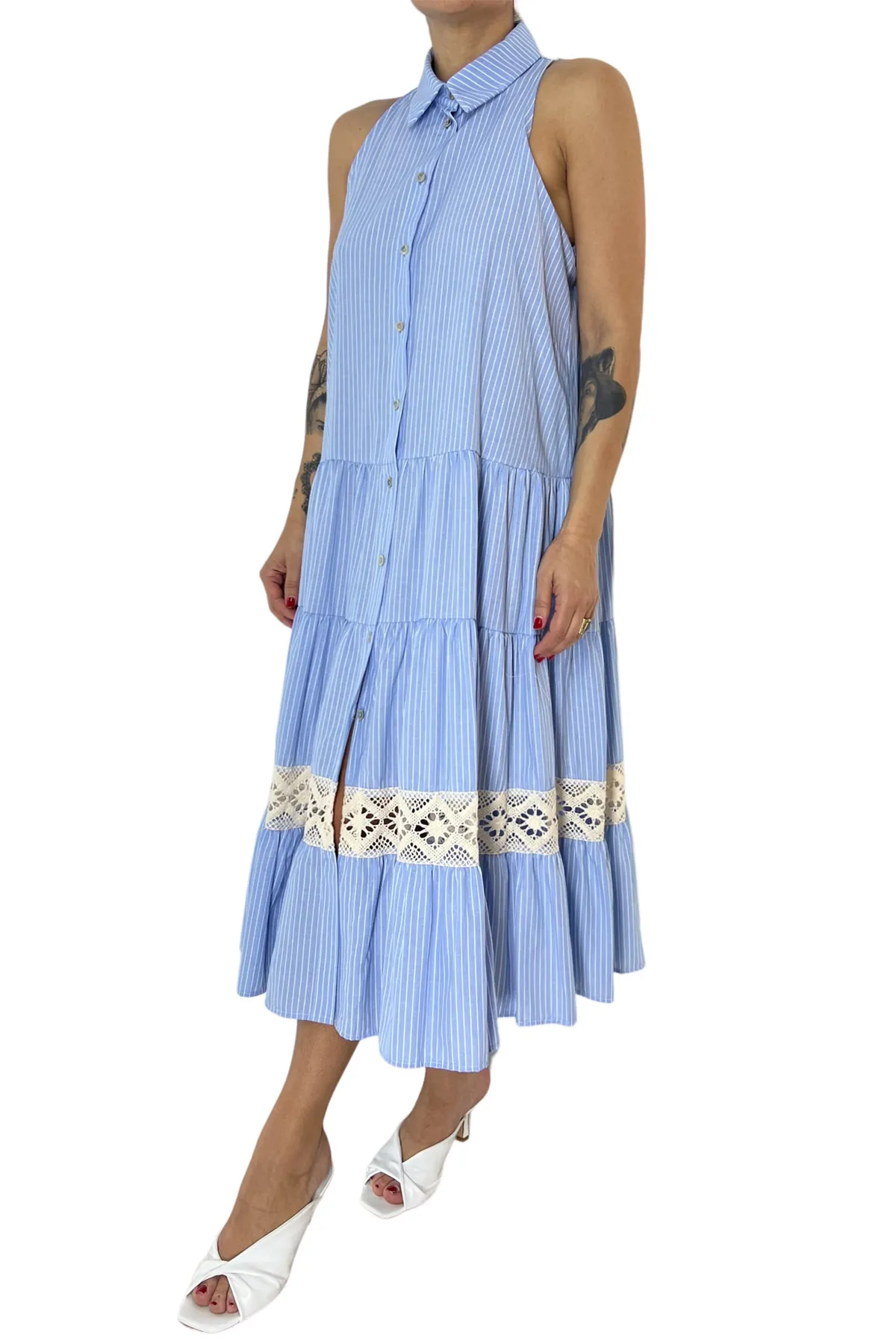Abito donna in cotone leggero midi fantasia riga giromanica con dettaglio ricami