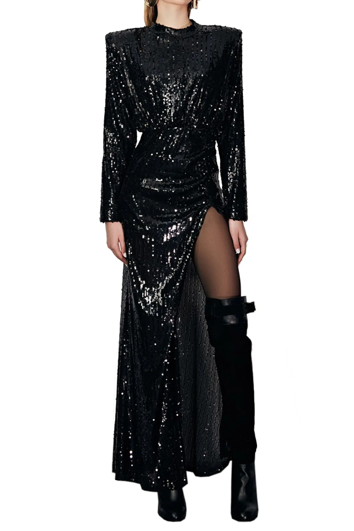 Abito donna in paillettes lungo con drappeggio davanti spacco laterale e scollo a V