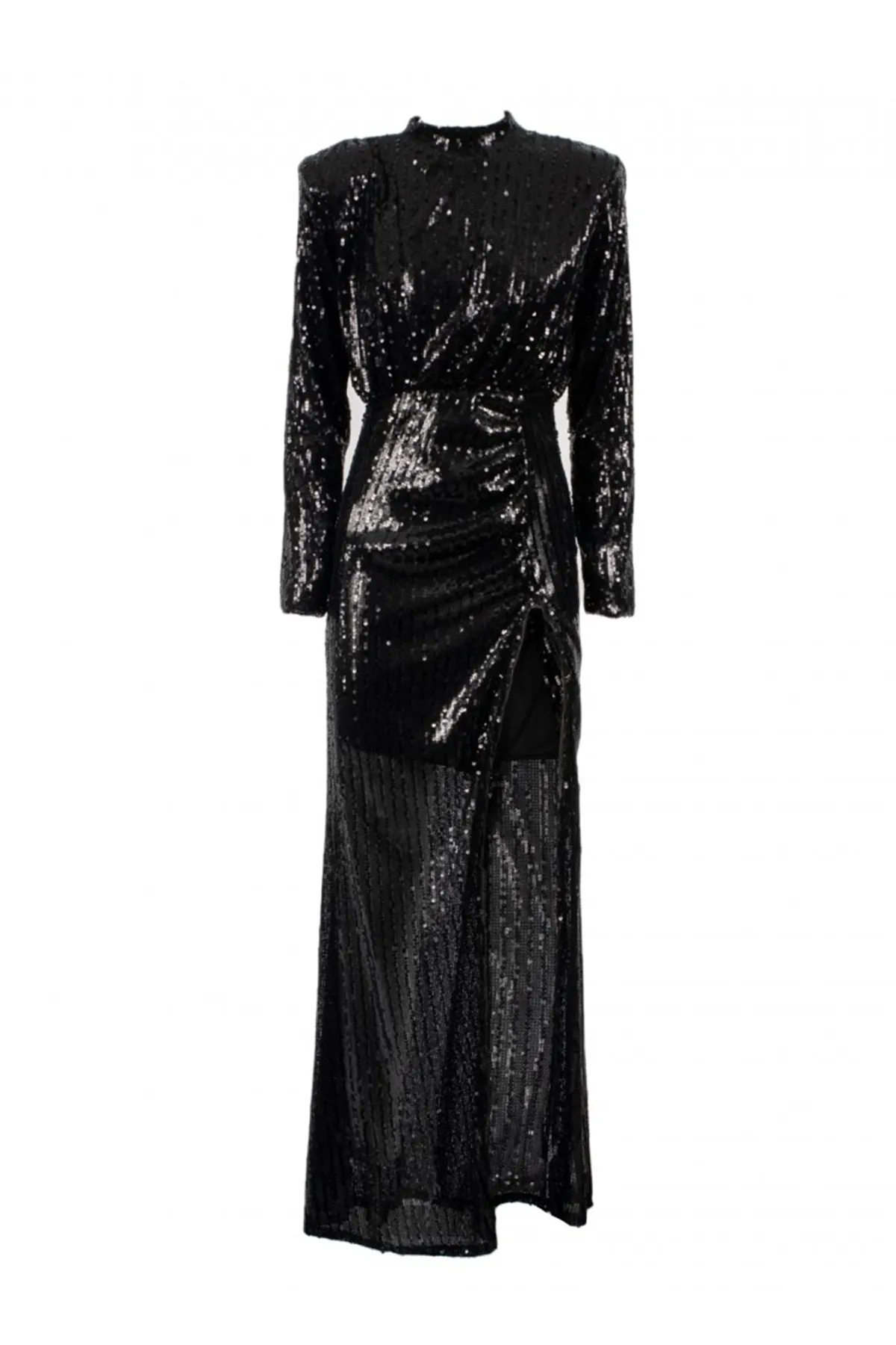 Abito donna in paillettes lungo con drappeggio davanti spacco laterale e scollo a V