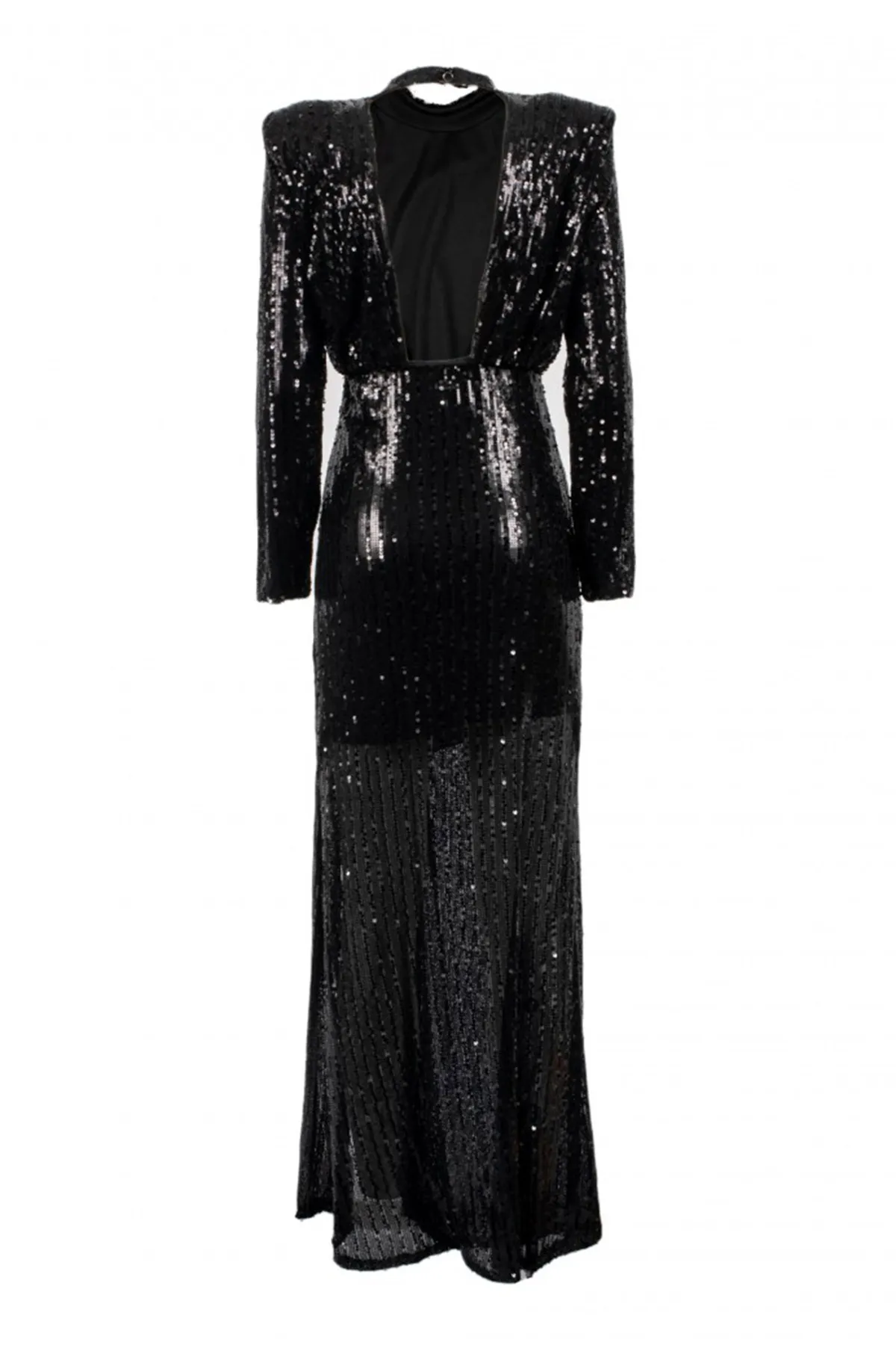 Abito donna in paillettes lungo con drappeggio davanti spacco laterale e scollo a V