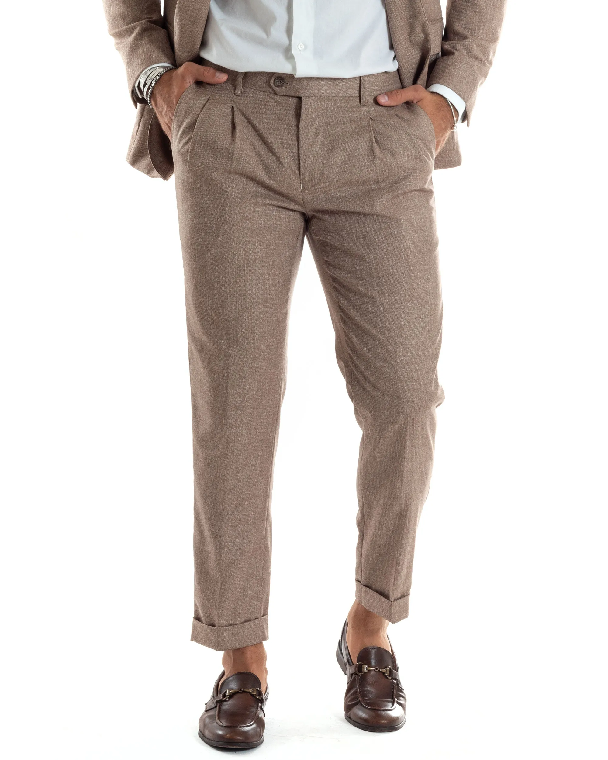 Abito Uomo Completo Sartoriale Monopetto Giacca Pantaloni Casual Elegante Tinta Unita Melangiato Beige GIOSAL-AE1072A