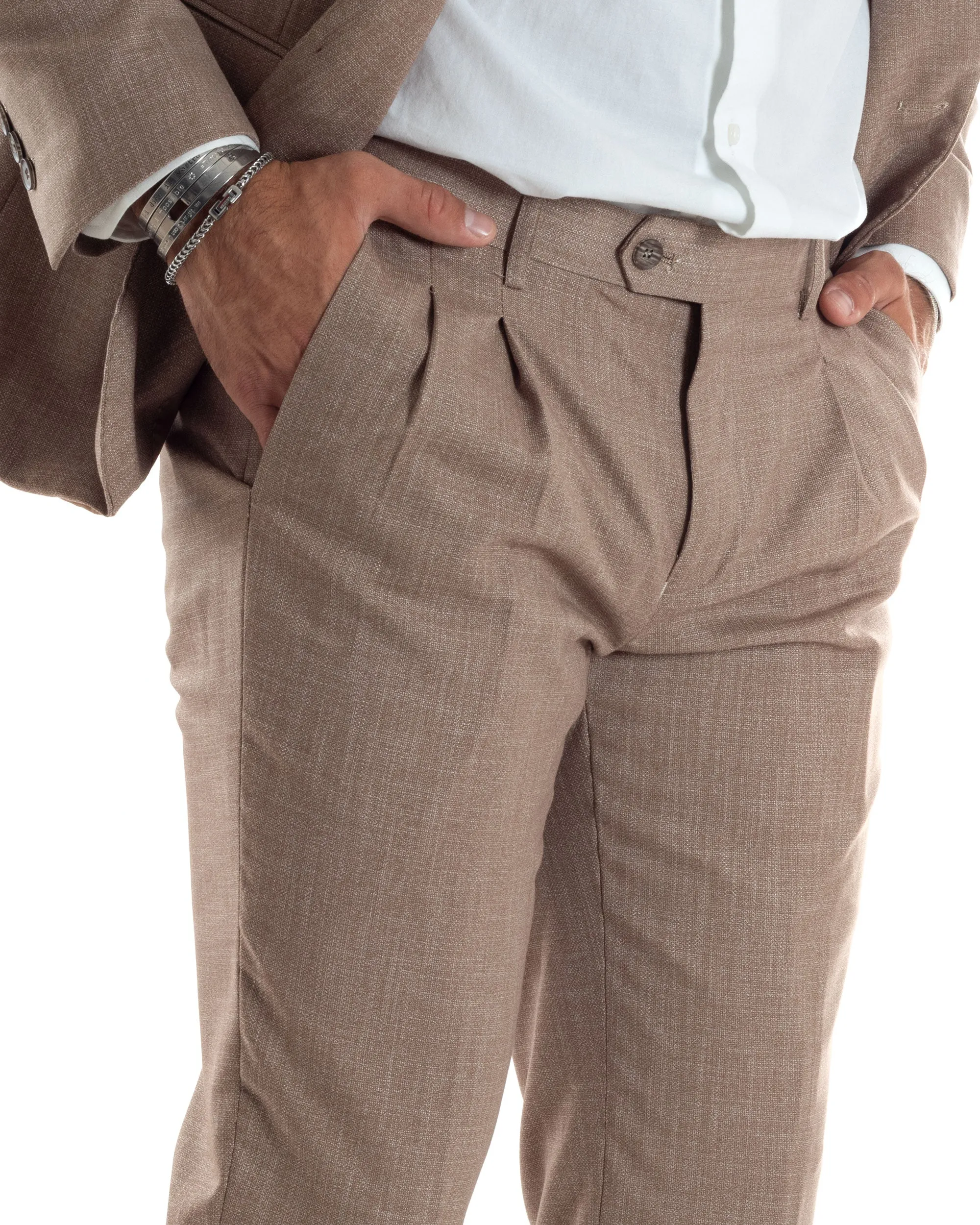 Abito Uomo Completo Sartoriale Monopetto Giacca Pantaloni Casual Elegante Tinta Unita Melangiato Beige GIOSAL-AE1072A