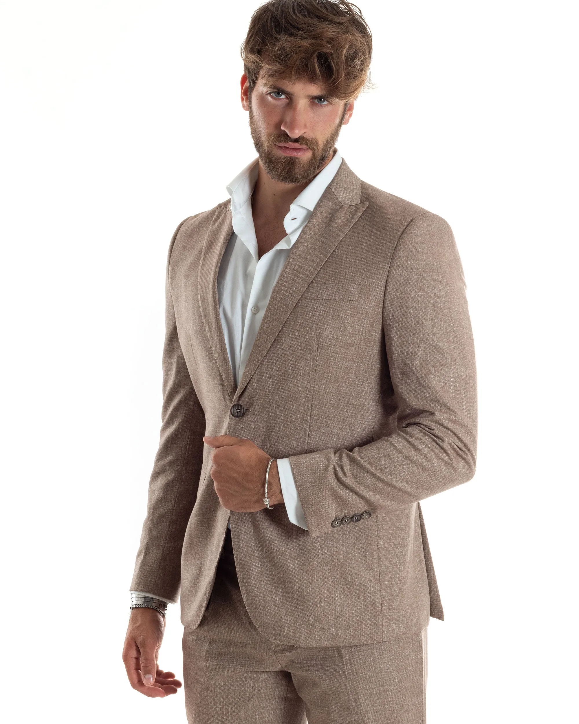 Abito Uomo Completo Sartoriale Monopetto Giacca Pantaloni Casual Elegante Tinta Unita Melangiato Beige GIOSAL-AE1072A