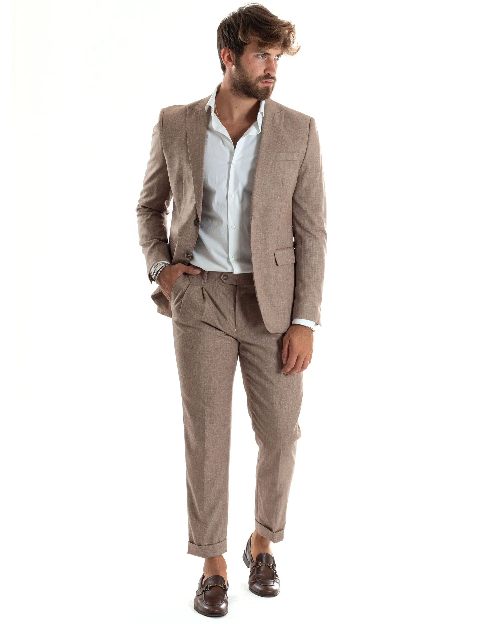 Abito Uomo Completo Sartoriale Monopetto Giacca Pantaloni Casual Elegante Tinta Unita Melangiato Beige GIOSAL-AE1072A