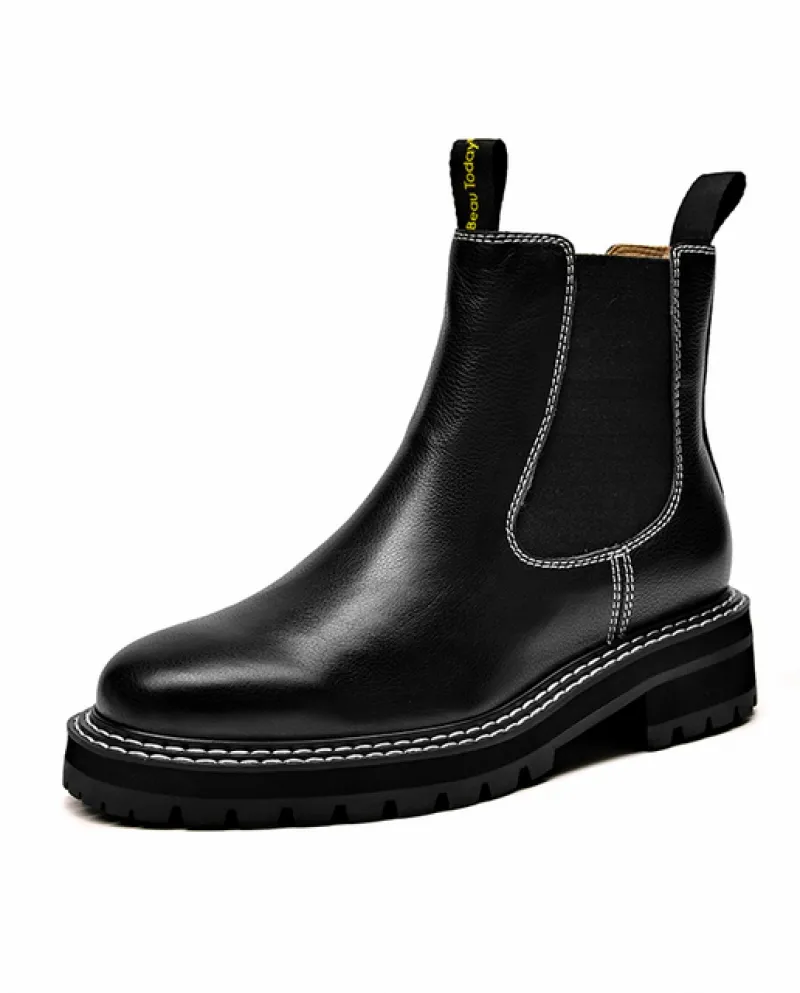 Beautoday Stivaletti Chelsea da Donna in Pelle di Mucca Modello Litchi Stivaletti Alla Caviglia Punta Rotonda Scarpe da Donna co