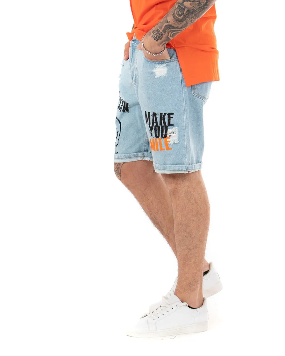 Bermuda Pantaloncino Uomo Jeans Smile Stampa Denim Chiaro GIOSAL-PC1843A