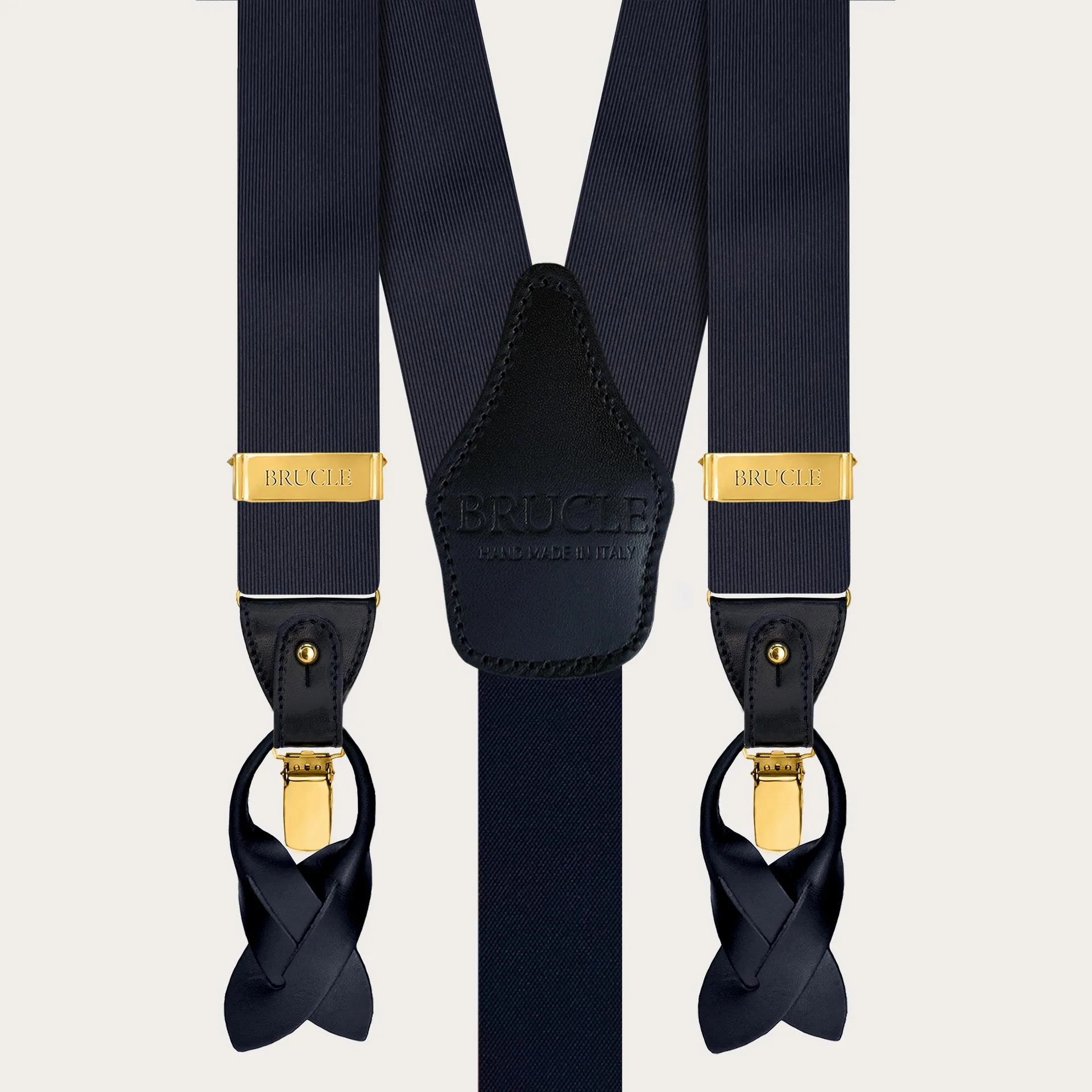 Bretelle uomo blu navy in seta con clip oro