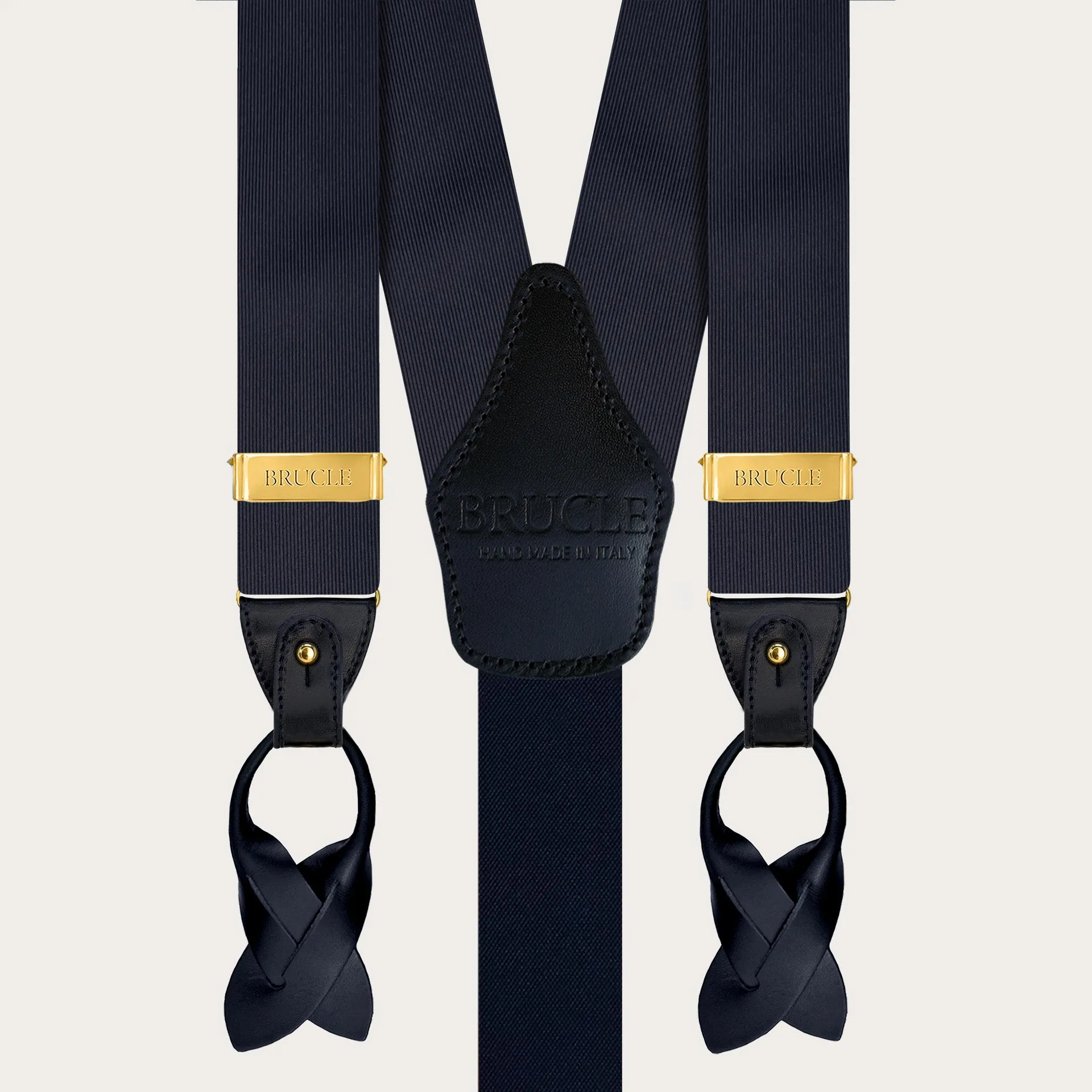 Bretelle uomo blu navy in seta con clip oro