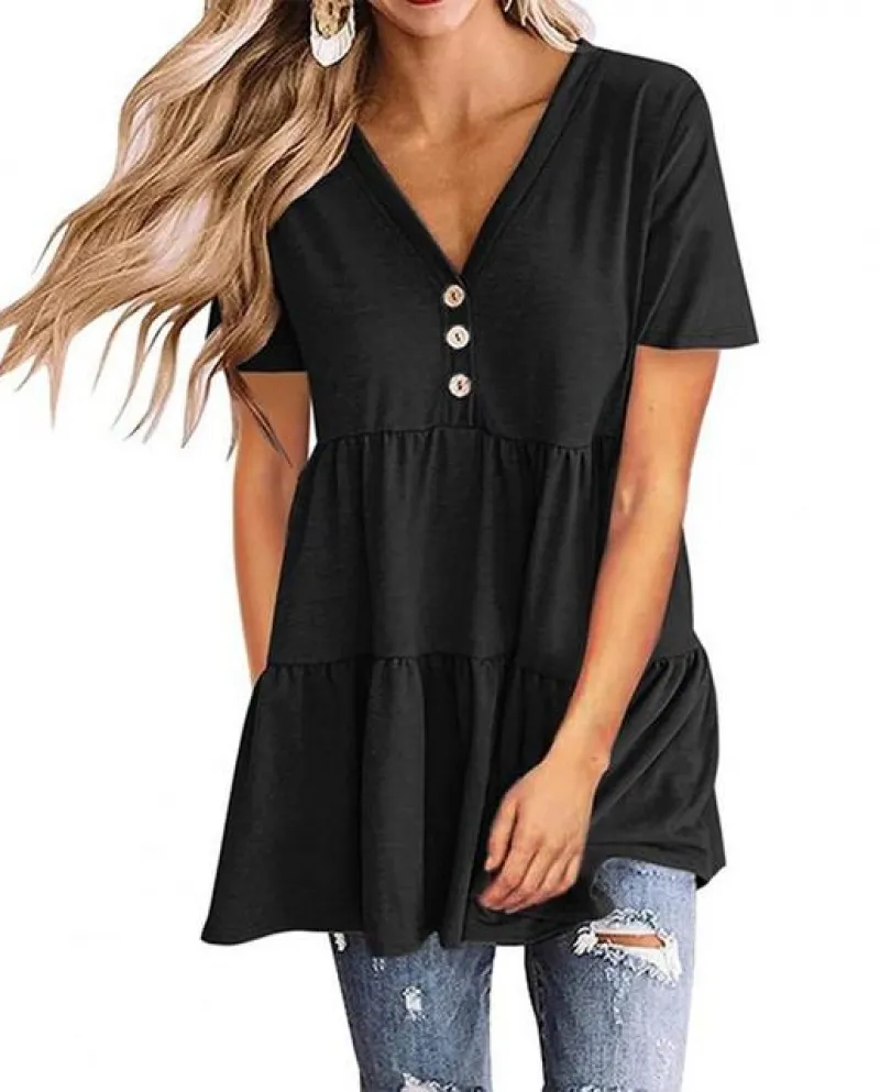 Camicetta allentata da donna con scollo a V con volant manica corta estiva con patchwork a pieghe Top Streetwear Harajuku Mujer