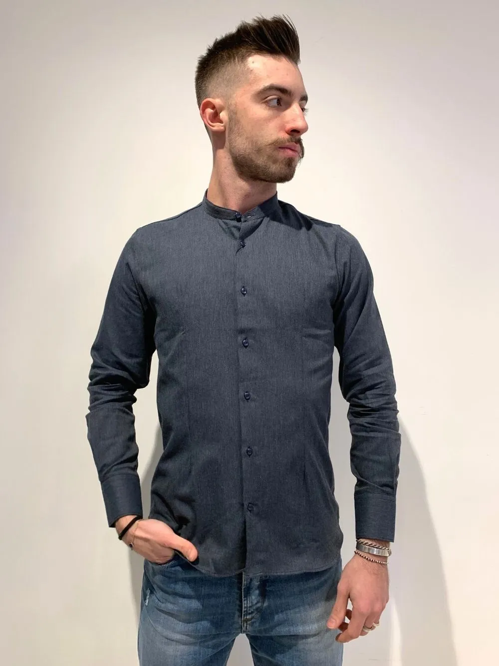 Camicia colletto coreano effetto jeans