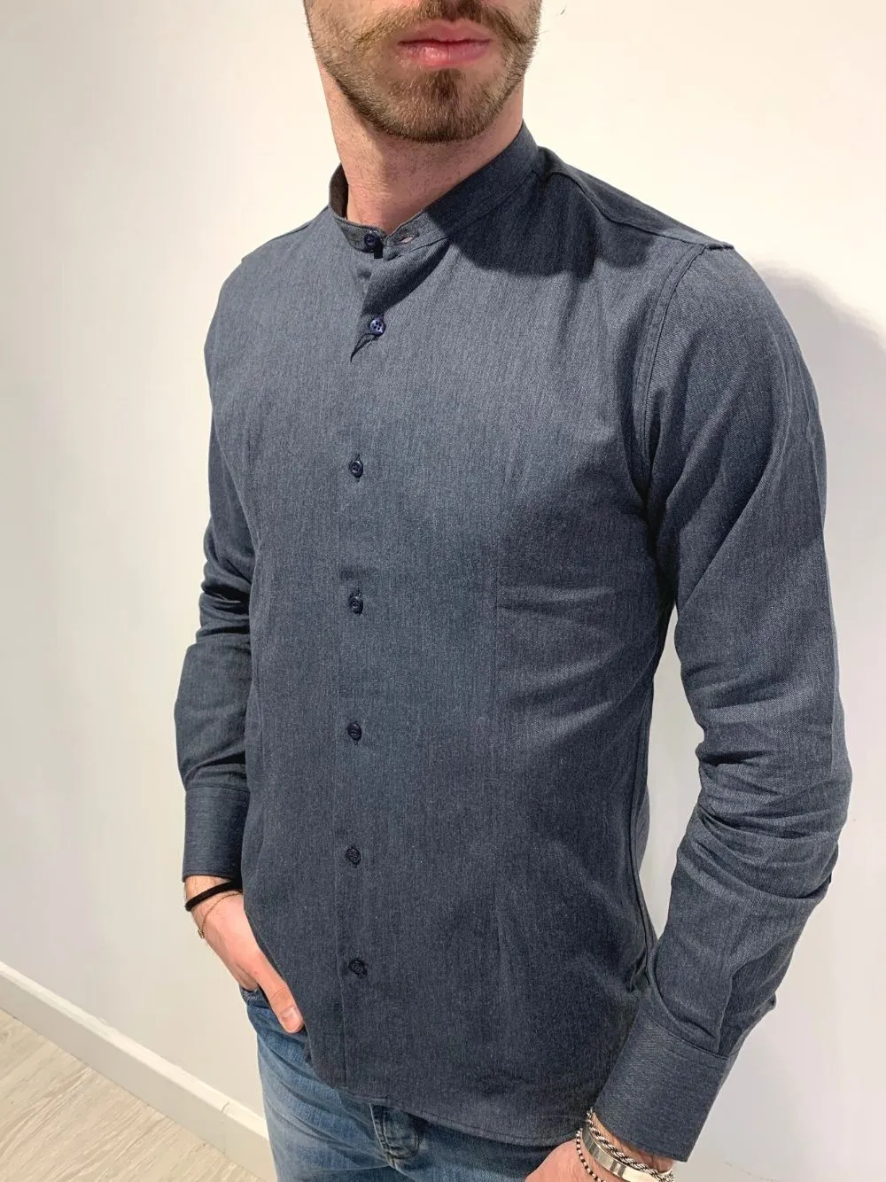 Camicia colletto coreano effetto jeans