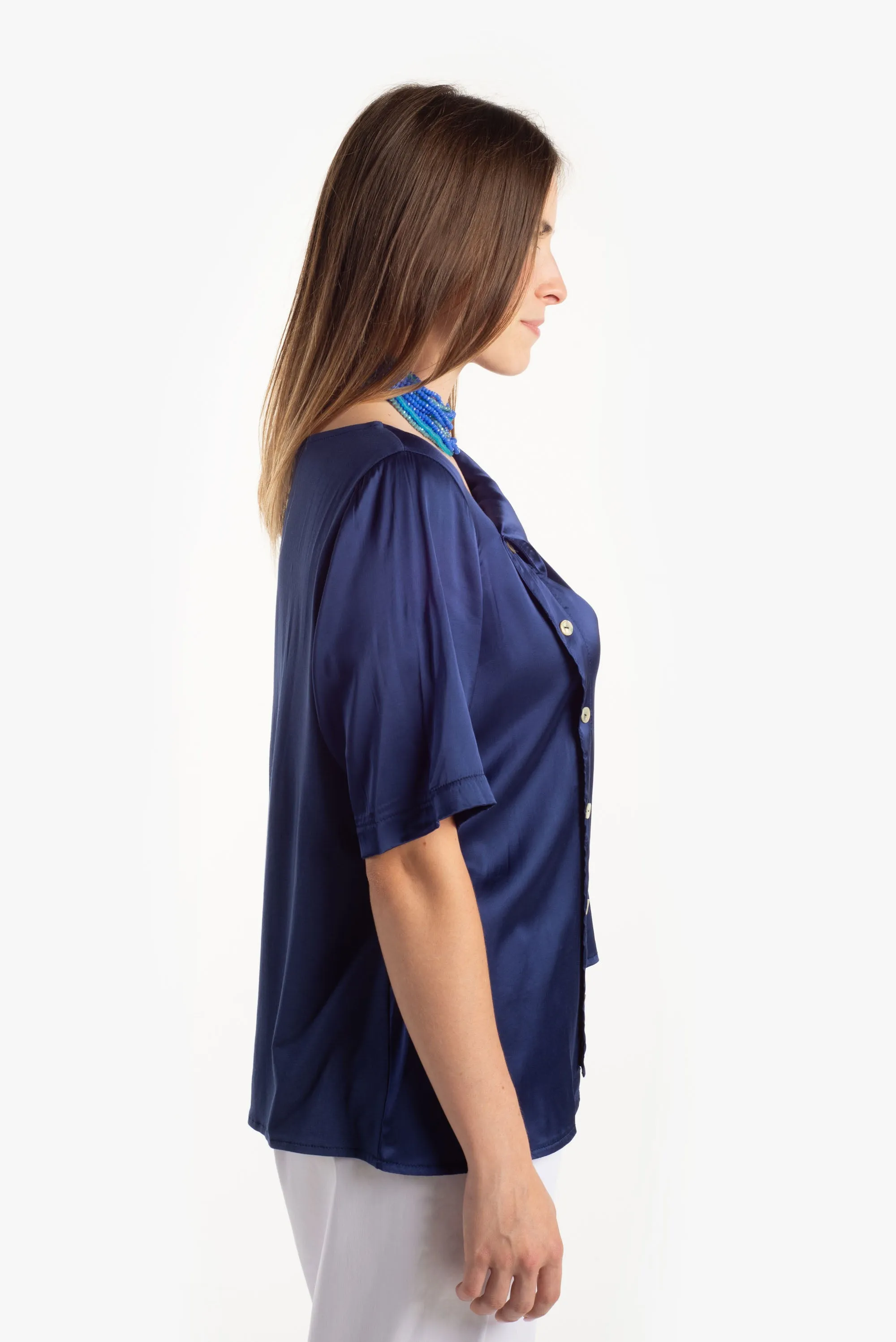 Camicia in bimateriale: fronte in raso stretch, retro in jersey di viscosa