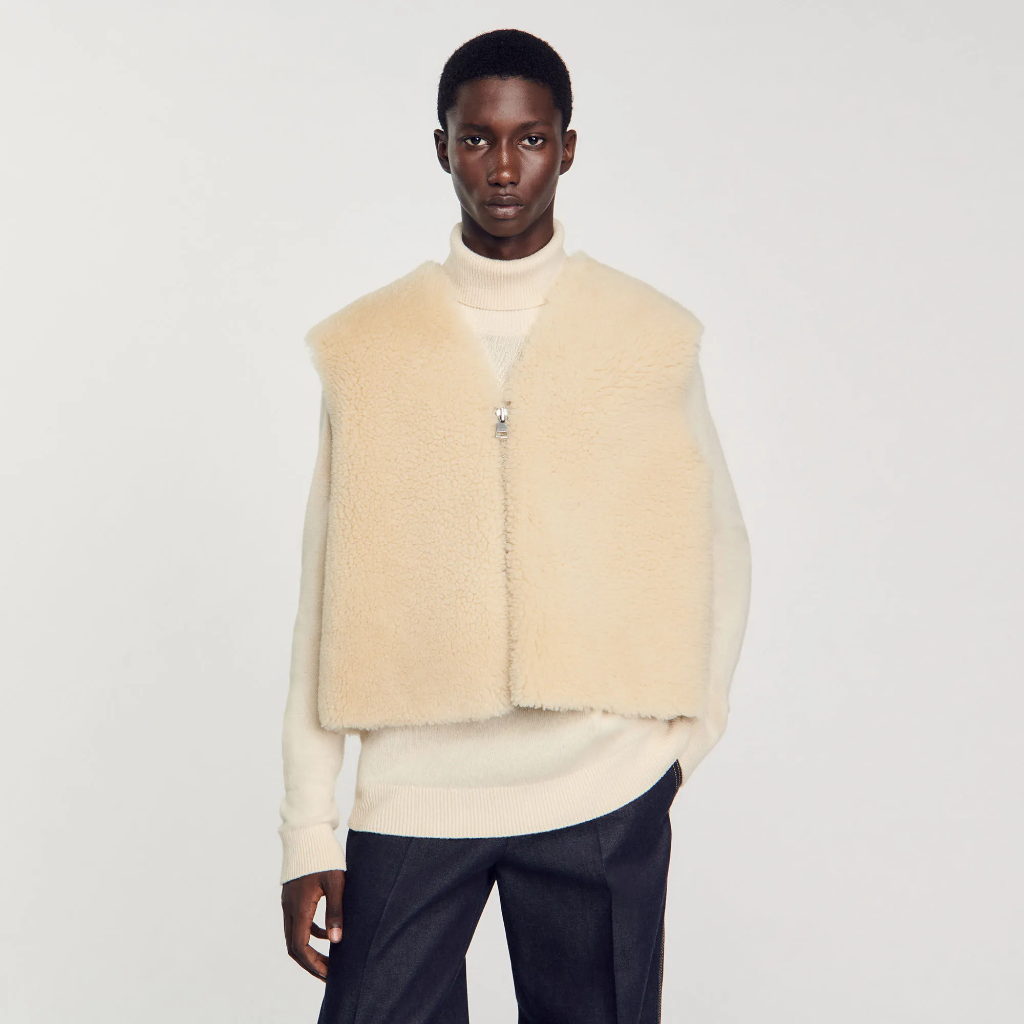 Cardigan smanicato montone scamosciato