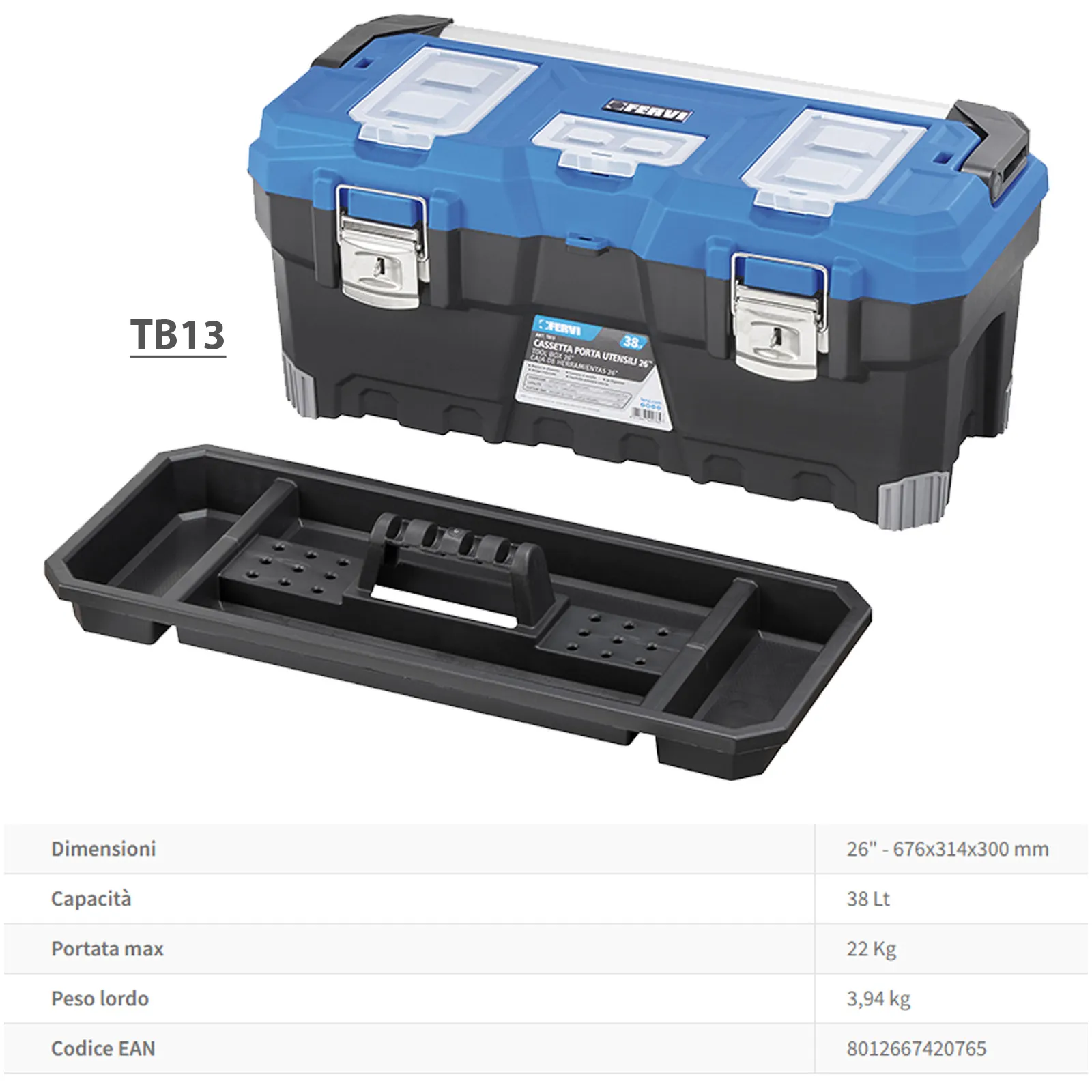 Cassetta Porta Utensili Rinforzata FERVI in Plastica Organizer Minuterie Cerniere Metallo Vassoio Rimovibile (Venduta VUOTA) ser