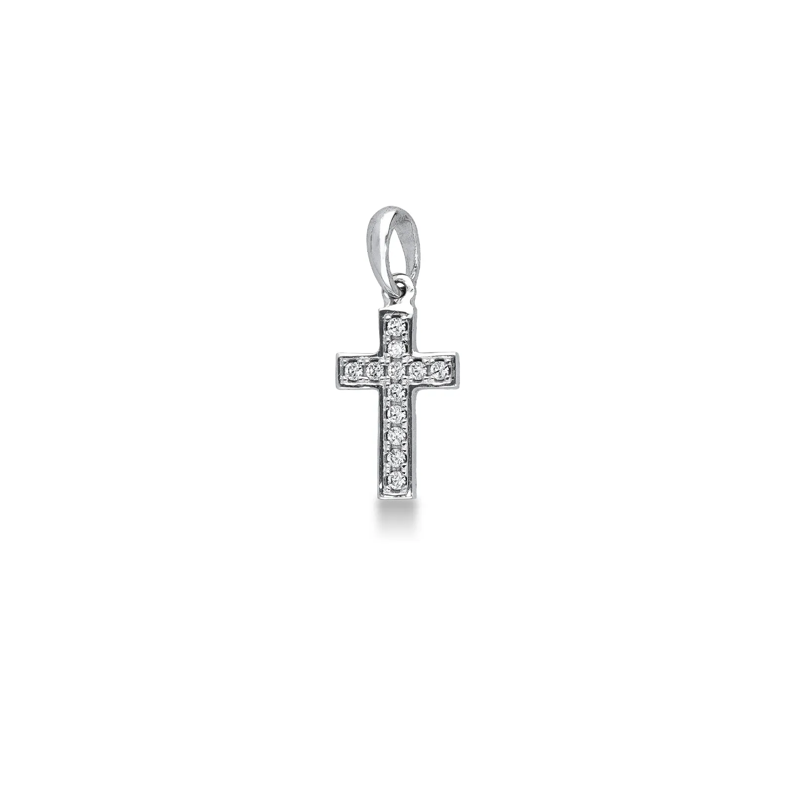 Ciondolo croce in oro bianco 18k con zirconi, 0,8x1,5 cm