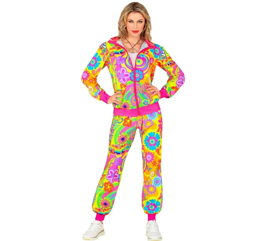 Costume da tuta da hippie fluorescente Groovy Love per adulto