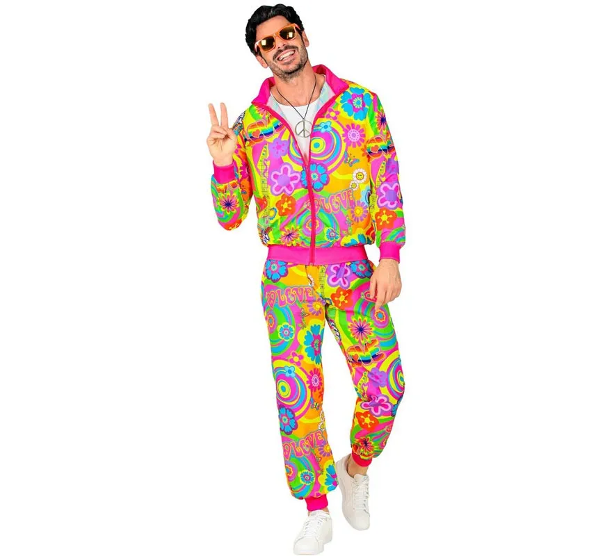 Costume da tuta da hippie fluorescente Groovy Love per adulto