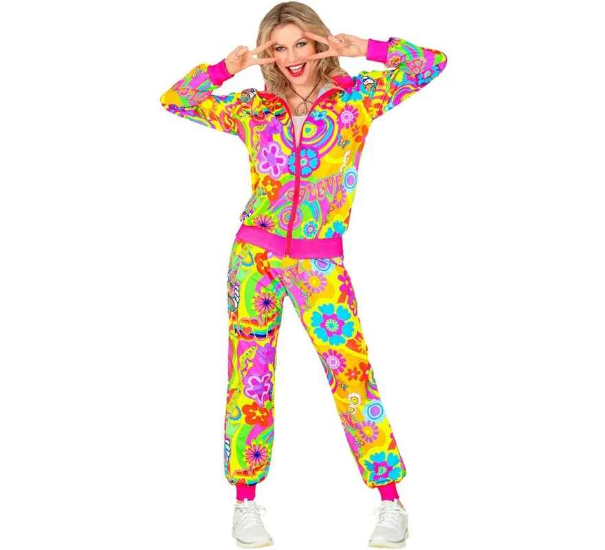 Costume da tuta da hippie fluorescente Groovy Love per adulto