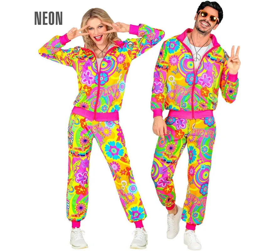 Costume da tuta da hippie fluorescente Groovy Love per adulto