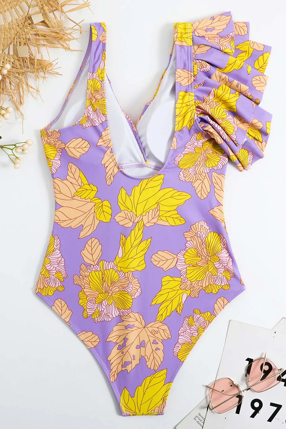 Fiore Stampato Vita Alta Costume da Bagno Viola