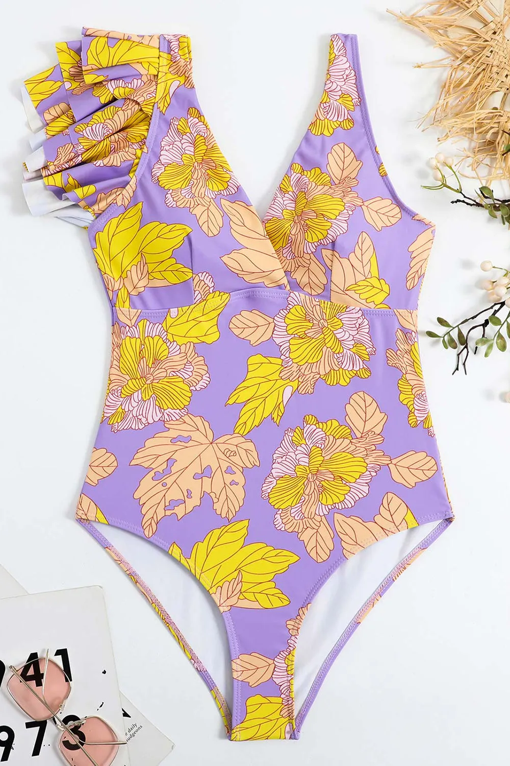 Fiore Stampato Vita Alta Costume da Bagno Viola