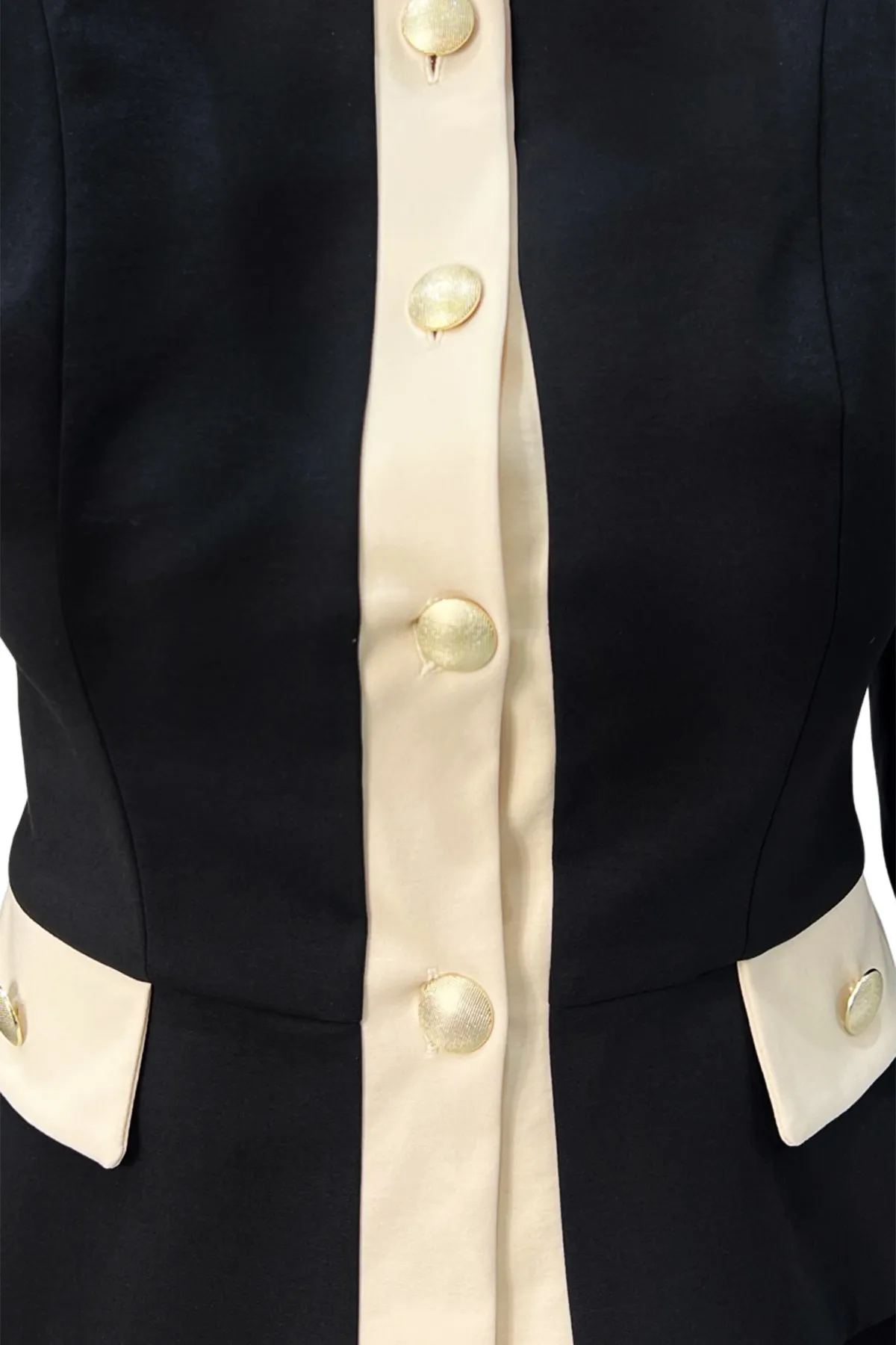 Giacca donna giro collo fantasia bicolor con pattina panna e bottoni oro tessuto bistretch