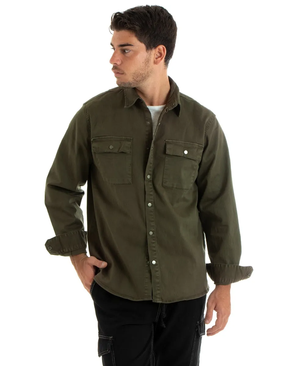 Giubbotto Uomo Giacca Jeans Con Colletto Camicione Denim Verde Militare GIOSAL-G3078A