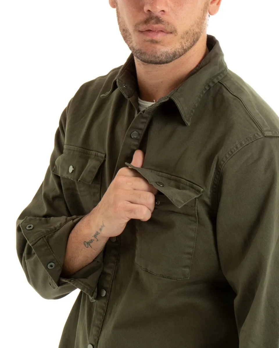 Giubbotto Uomo Giacca Jeans Con Colletto Camicione Denim Verde Militare GIOSAL-G3078A