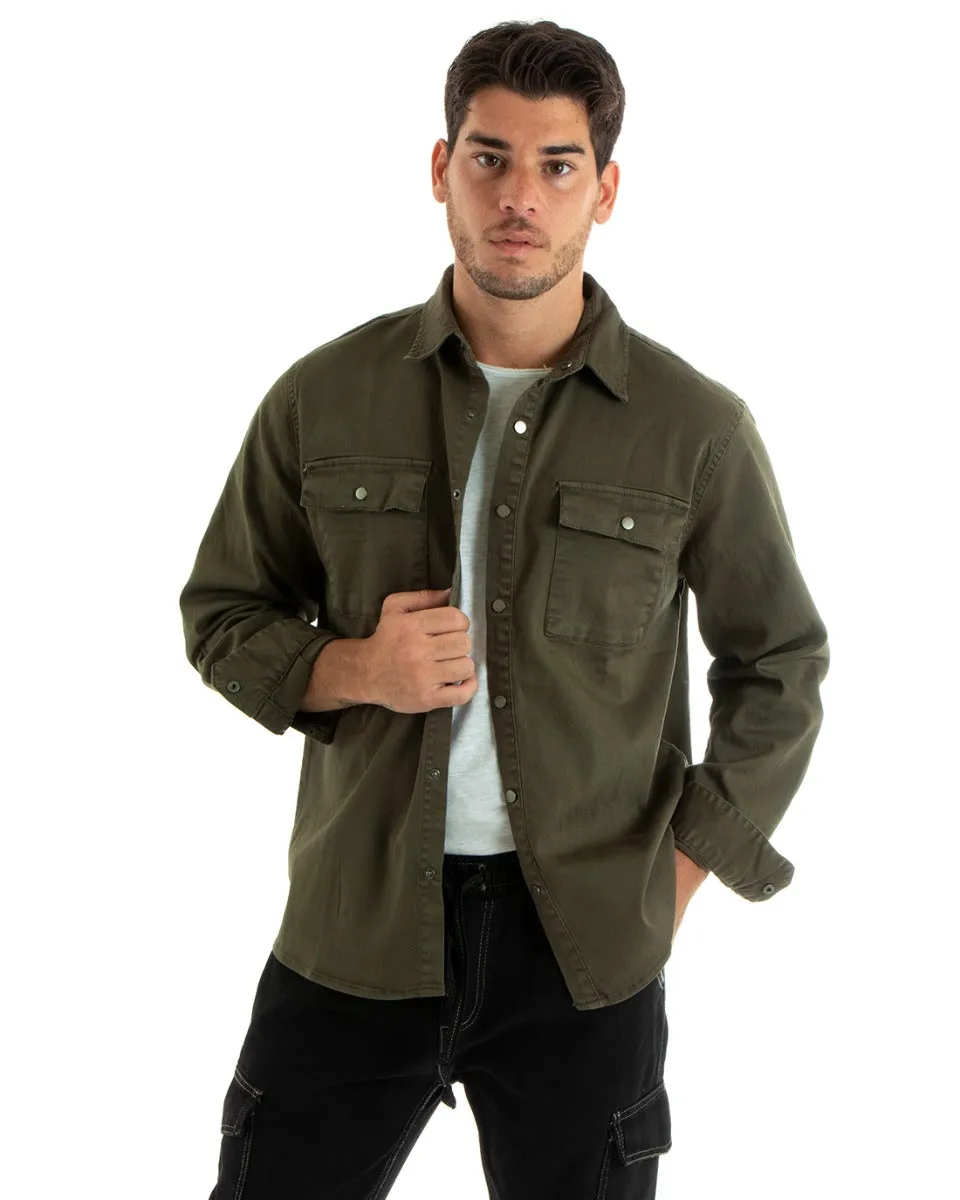 Giubbotto Uomo Giacca Jeans Con Colletto Camicione Denim Verde Militare GIOSAL-G3078A