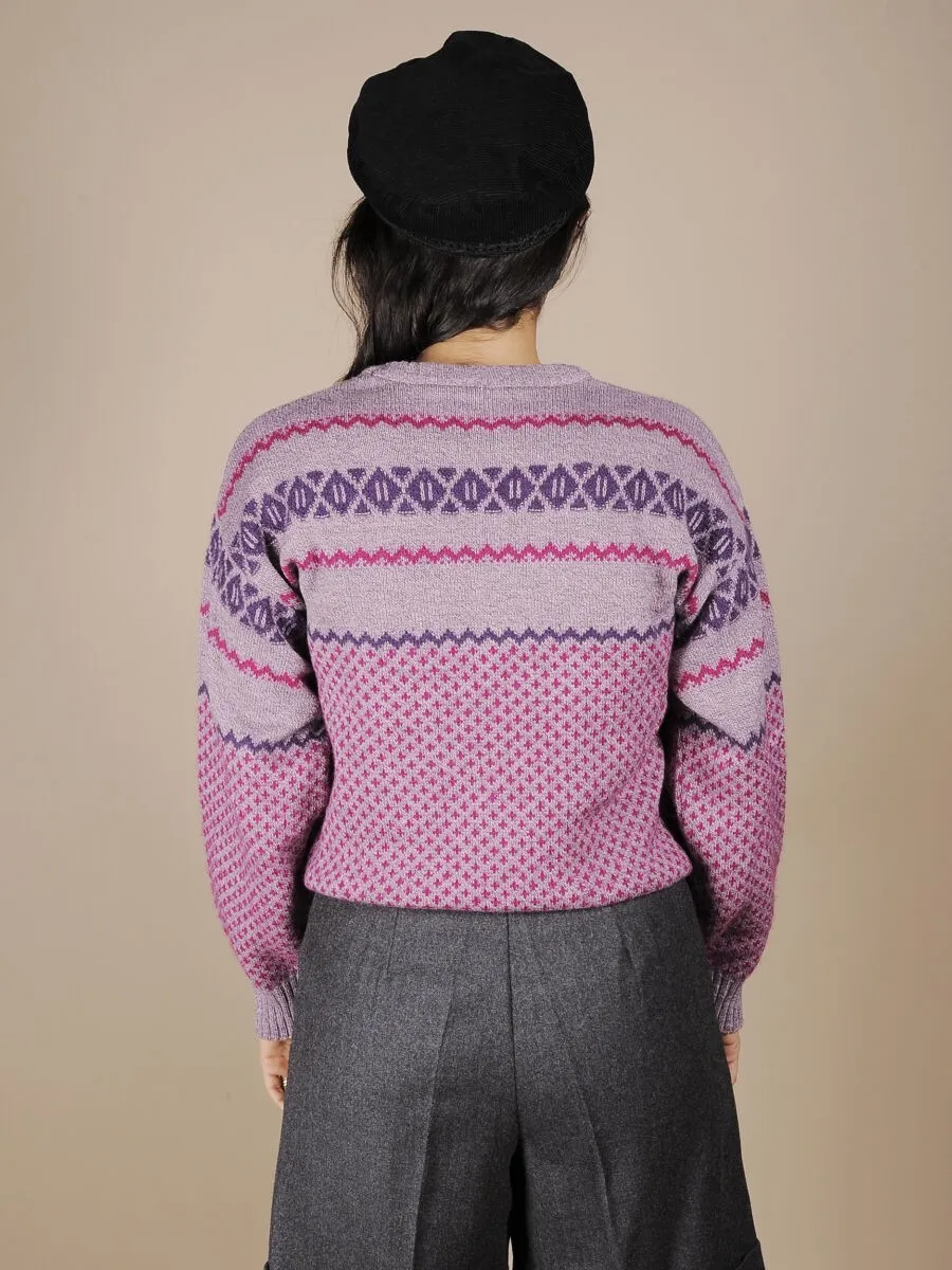 Maglione microdisegni viola e fuxia
