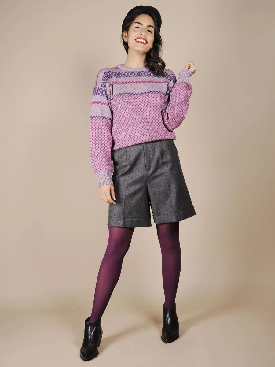 Maglione microdisegni viola e fuxia