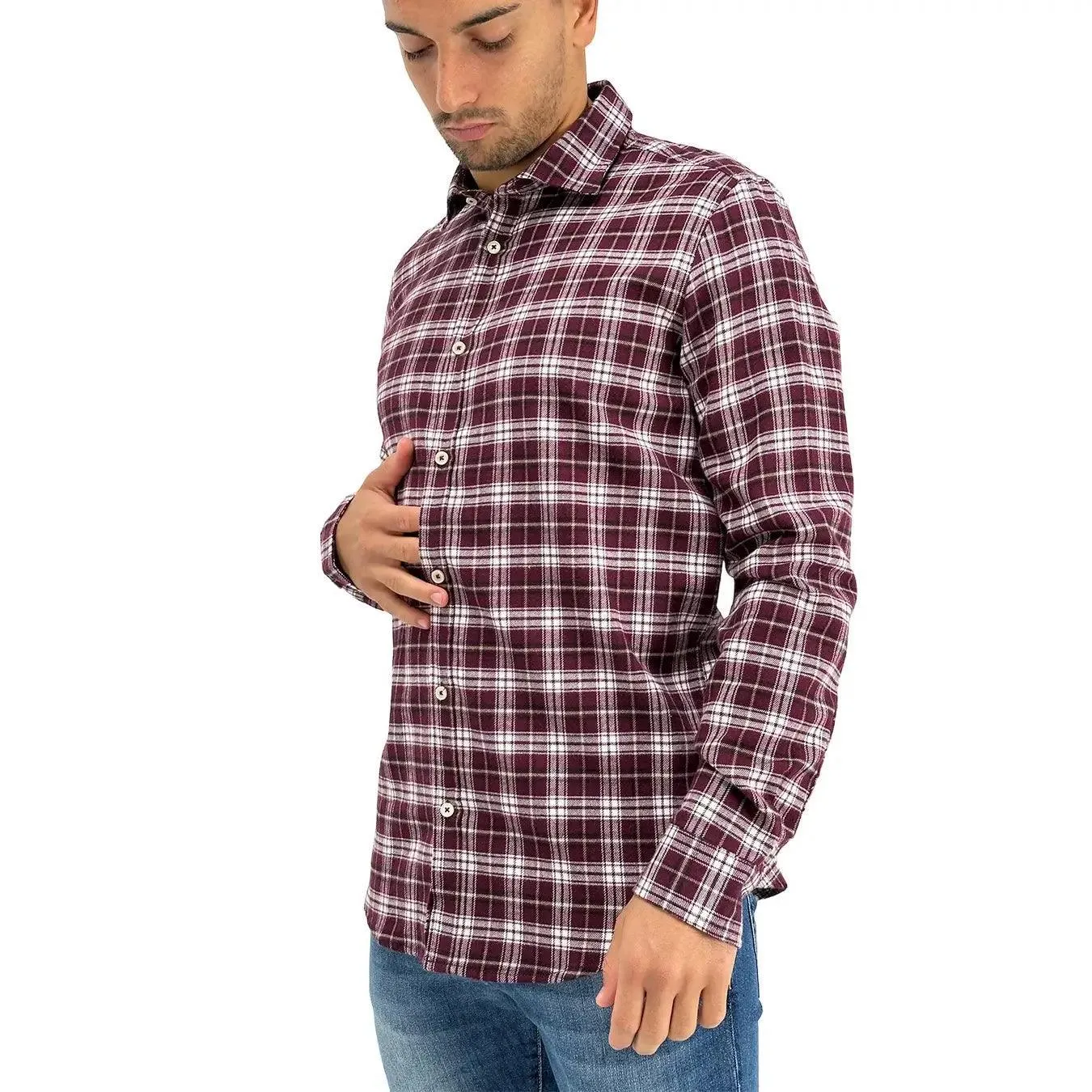 MarKup Camicia Uomo, Casual, Colletto Classico, Quadri, Cotone, Rosso