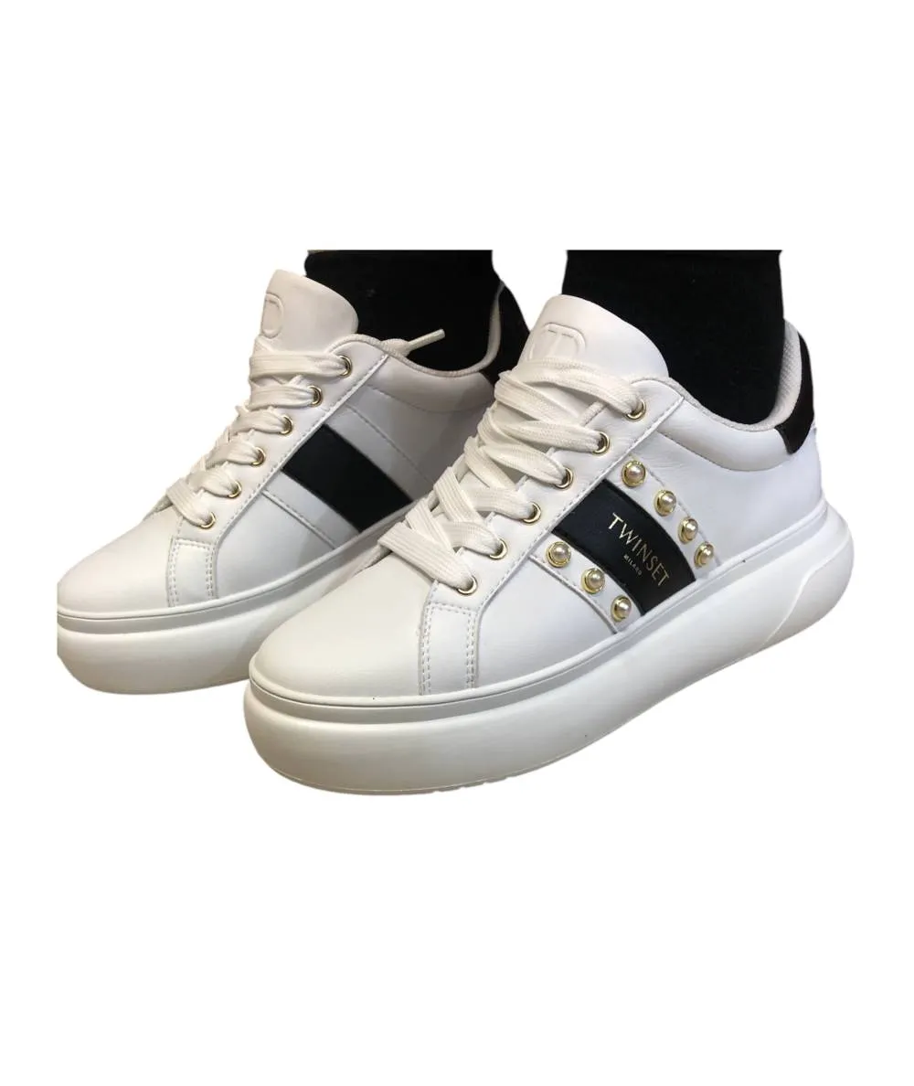 SNEAKER DONNA TWIN SET 242TC01E PELLE  bianca con perle rif nero eoro
