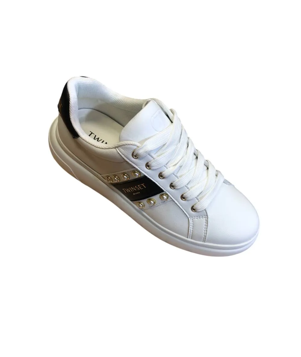 SNEAKER DONNA TWIN SET 242TC01E PELLE  bianca con perle rif nero eoro