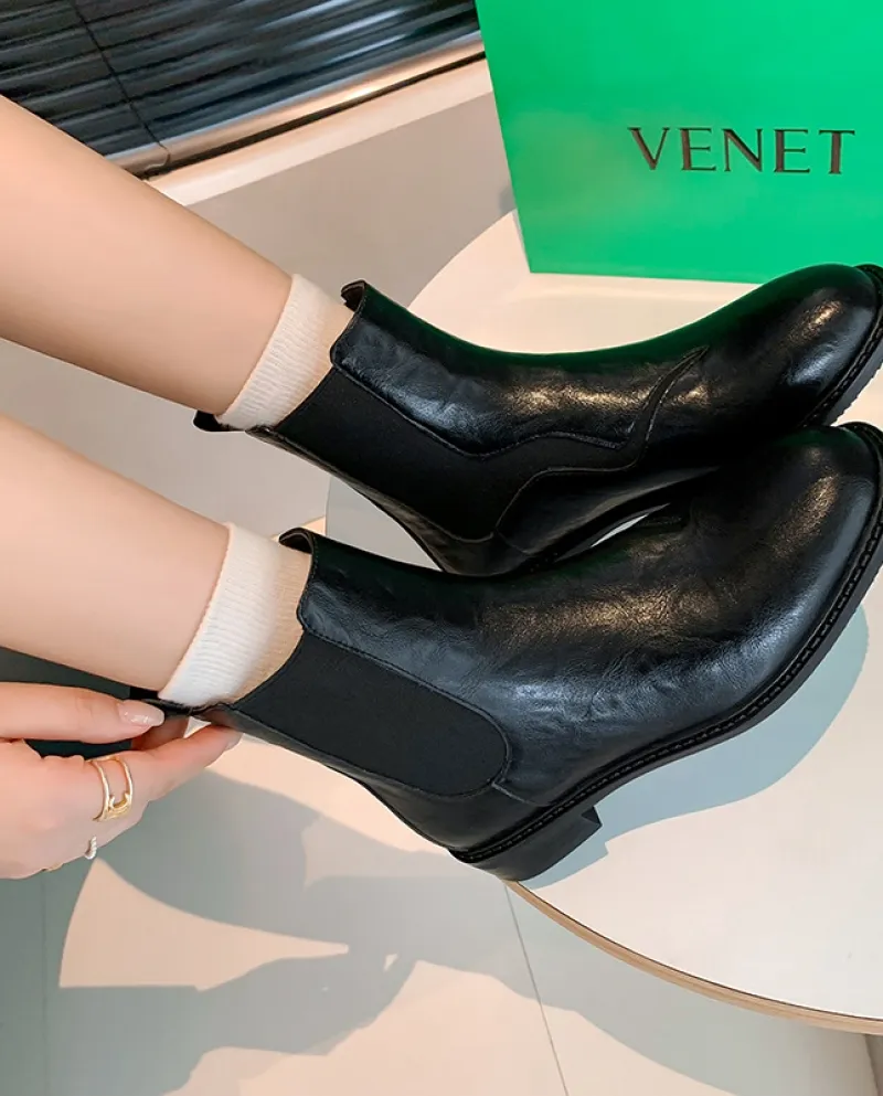 Stivaletti Chelsea dal design alla moda per donna Stivaletti singoli in pelle bovina lavata retrò con punta tonda e tacco spesso