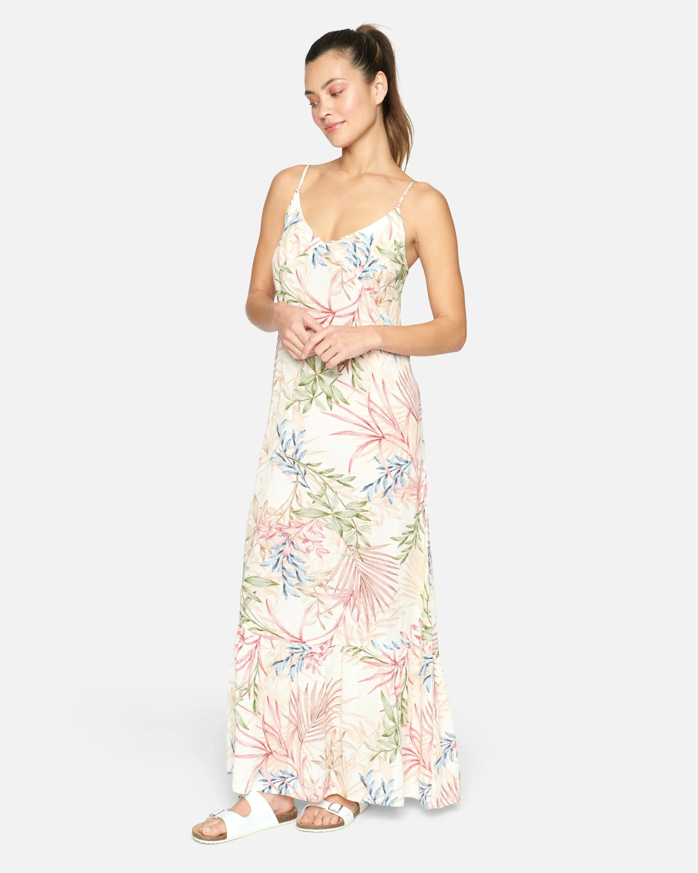SUMMER PALM RUFFLE MAXI DRESS