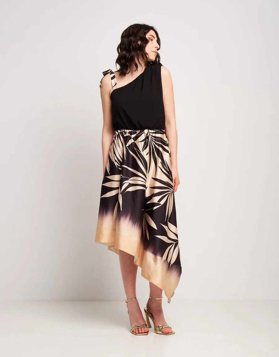 Vestito asimmetrico fantasia foglie